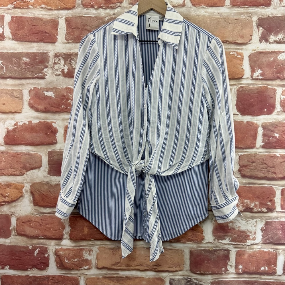 Finley Top Women's XS Blue White Embroidered Striped Tie Front Casual Shirt